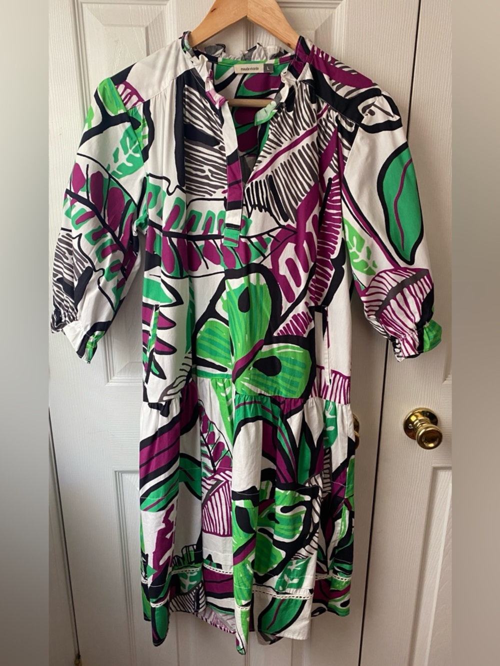 maude vivante Colorful Tropical Print Cotton Poplin Puff Sleeve Midi Dress L